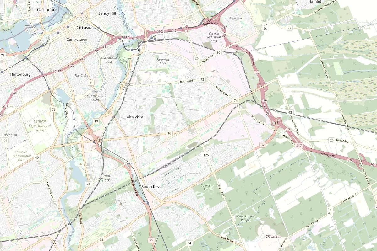 Street map centred on Gloucester, Ottawa-Gatineau
